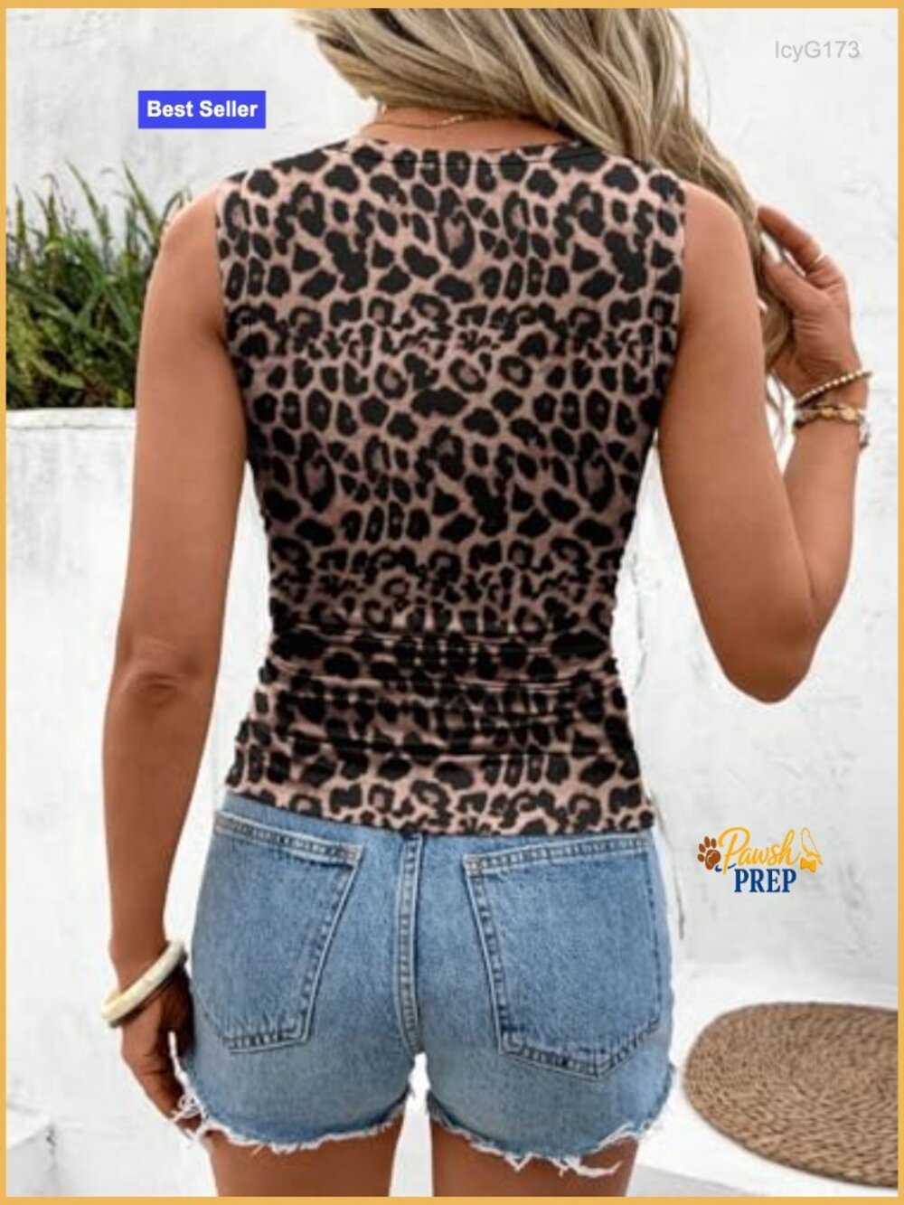 Leopard Ruched Crew Neck Sleeveless Tank Top Fitted - Picture 2 of 4